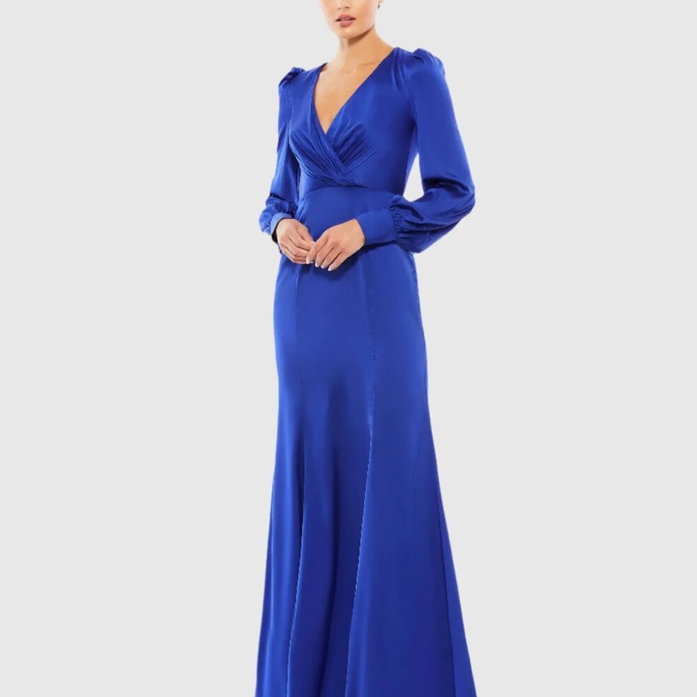 Mac Duggal Blue Satin Ruched Bishop Sleeve Gown Size 8 Dress
